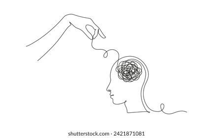 Continuous one line drawing of mental health concept. Symbol of confused thoughts and problems and psychologist helping to untangle the knot in simple linear style. Doodle Vector illustration