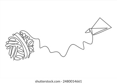 Continuous one line drawing of mental health concept with paper plane and tangled ball. Symbol of confused mind and problems and support to untangle knot in simple linear style.