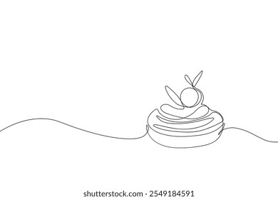 Continuous one line drawing meringue cake. Sweet creamy dessert with sugar topping and berries. Minimalist bakery food vector concept.