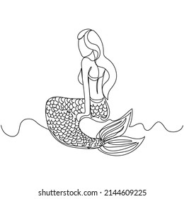 Continuous one line drawing of mermaid. Vector illustration