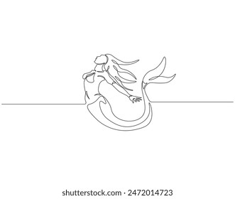 Continuous one line drawing of mermaid. One line drawing illustration of mermaid swim. Mythological creatures concept continuous line art. Editable outline.