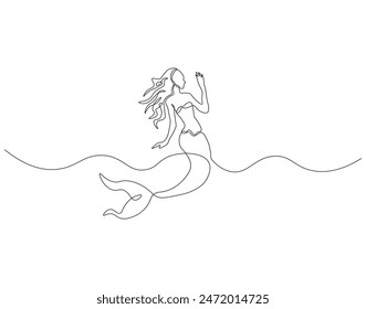 Continuous one line drawing of mermaid. One line drawing illustration of mermaid swim. Mythological creatures concept continuous line art. Editable outline.