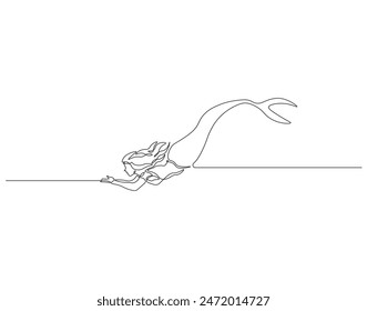 Continuous one line drawing of mermaid. One line drawing illustration of mermaid swim. Mythological creatures concept continuous line art. Editable outline.