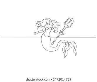 Continuous one line drawing of mermaid. One line drawing illustration of mermaid swim. Mythological creatures concept continuous line art. Editable outline.