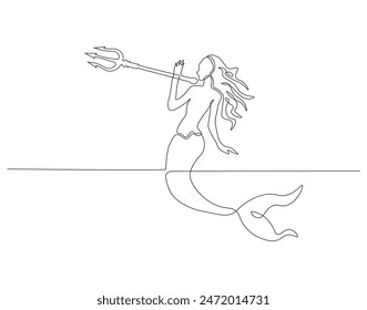 Continuous one line drawing of mermaid. One line drawing illustration of mermaid swim. Mythological creatures concept continuous line art. Editable outline.