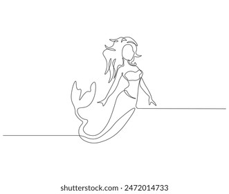 Continuous one line drawing of mermaid. One line drawing illustration of mermaid swim. Mythological creatures concept continuous line art. Editable outline.