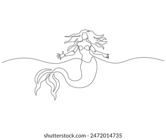 Continuous one line drawing of mermaid. One line drawing illustration of mermaid swim. Mythological creatures concept continuous line art. Editable outline.