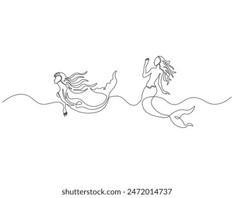 Continuous one line drawing of mermaid. One line drawing illustration of mermaid swim. Mythological creatures concept continuous line art. Editable outline.