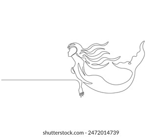 Continuous one line drawing of mermaid. One line drawing illustration of mermaid swim. Mythological creatures concept continuous line art. Editable outline.