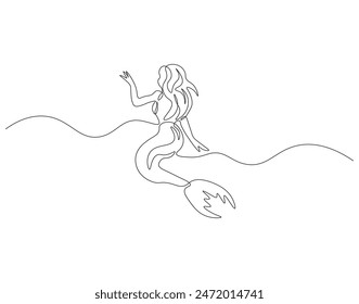 Continuous one line drawing of mermaid. One line drawing illustration of mermaid swim. Mythological creatures concept continuous line art. Editable outline.