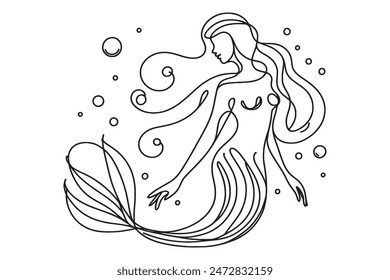 Continuous one line drawing of a mermaid. graphic illustration of a drawing of a mythical creature