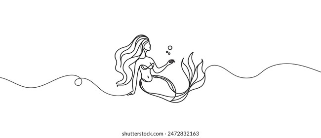 Continuous one line drawing of a mermaid. graphic illustration of a drawing of a mythical creature