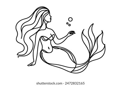 Continuous one line drawing of a mermaid. graphic illustration of a drawing of a mythical creature