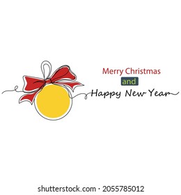 Continuous one line drawing of Merry Christmas and Happy New Year traditional ball bauble with ribbon bow in silhouette on a white background. Linear stylized.