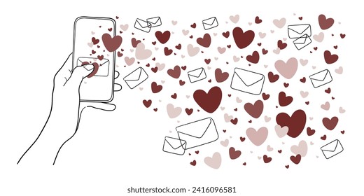 Continuous one line drawing of message in red hearts. February 14 minimalist line art set of red hearts isolated on white background. Happy Valentine's Day. Vector illustration
