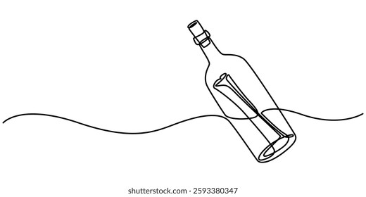Continuous one line drawing of a message in a bottle. Simple vector illustration, Message in a bottle one line art, Icon with reflection on white background, SOS concept. Single line draw, minimal.   