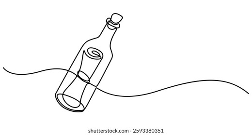 Continuous one line drawing of a message in a bottle. Simple vector illustration, Message in a bottle one line art, Icon with reflection on white background, SOS concept. Single line draw, minimal.   