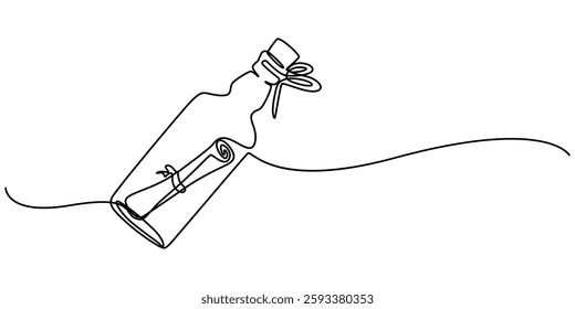 Continuous one line drawing of a message in a bottle. Simple vector illustration, Message in a bottle one line art, Icon with reflection on white background, SOS concept. Single line draw, minimal.   