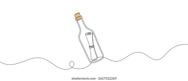 Continuous one line drawing of message in a bottle. Simple vector illustration, Message in a bottle one line art.