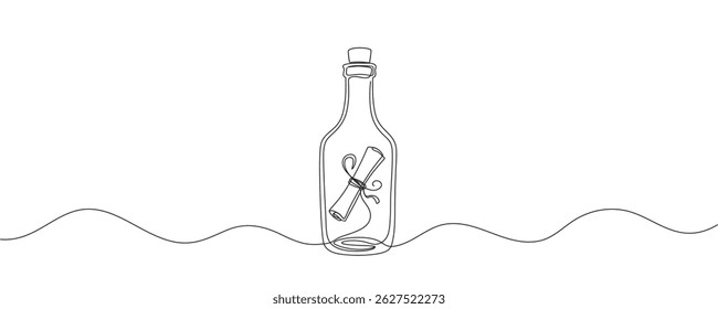 Continuous one line drawing of message in a bottle. Simple vector illustration, Message in a bottle one line art.