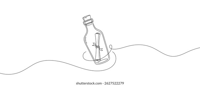 Continuous one line drawing of message in a bottle. Simple vector illustration, Message in a bottle one line art.