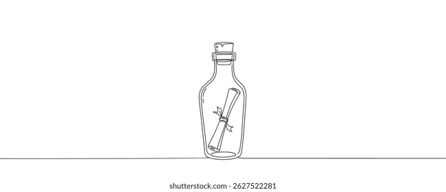 Continuous one line drawing of message in a bottle. Simple vector illustration, Message in a bottle one line art.