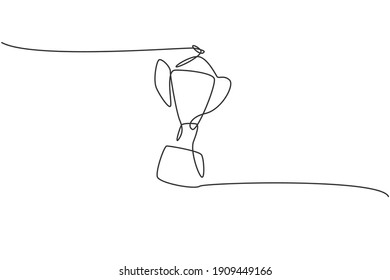 Continuous one line drawing metal trophy for sport winner at tournament. Back to school hand drawn minimalism concept. Single line draw design for education vector graphic illustration