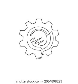 Engranajes y cogs de metal de una línea continua. Icono del engranaje emblema del cartel de diseño plano. Logo de las ruedas del mecanismo. Plantilla de concepto CogWheel. ilustración vectorial de diseño de línea única