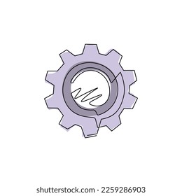 Continuous one line drawing metal gears and cogs. Gear icon flat design banner poster emblem. Mechanism wheels logo. Cogwheel concept template. Single line draw design vector graphic illustration