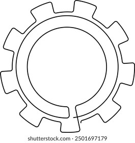 Continuous one line drawing of metal gear or cog. Mechanism wheels logo. Cogwheel concept template. Single line draw design vector illustration with editable stroke.