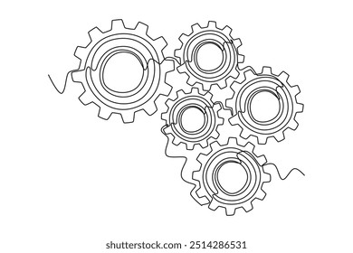 Dibujo continuo de una línea de engranaje redondo de rueda de metal para el logotipo de la oficina de maquinaria. Metáfora de la empresa mecánica para el trabajo en equipo y el concepto de asociación. Ilustración gráfica de Vector de diseño de línea única