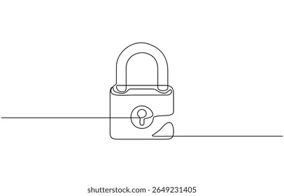 Desenho contínuo de uma linha de cadeado de metal. Ilustração de vetor de símbolo de segurança de cadeado. Ilustração de vetor de conceito de segurança, cadeado de metal. Vetor de símbolo de segurança de cadeado.
