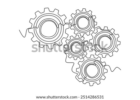 Continuous one line drawing of metal wheel round gear for machinery office logo. Mechanical company metaphor for teamwork and partnership concept. Single line draw design vector graphic illustration