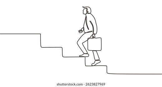 Continuous one line drawing metaphor for career growth, showing a person with a briefcase climbing stairs. Vector illustration hand drawn.