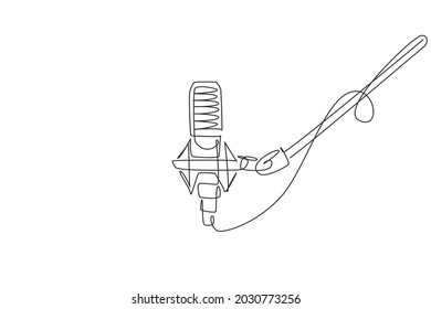 Continuous one line drawing microphone isolated with clipping path. Condenser mic for studio recording voice. Sound recording equipment concept. Single line draw design vector graphic illustration