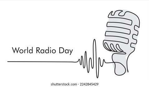 Continuous one line drawing of microphone. World radio day concept. Continuous line draw design graphic vector illustration.