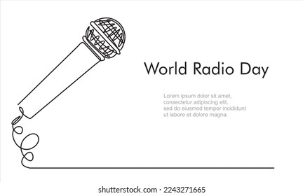 Continuous one line drawing of microphone. World radio day concept. Continuous line draw design graphic vector illustration.