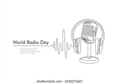 Continuous one line drawing of microphone and headphone speaker device gadget. World radio day concept. Continuous line draw design graphic vector illustration.