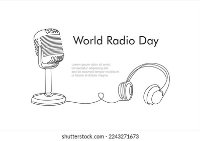 Continuous one line drawing of microphone and headphone speaker device gadget. World radio day concept. Continuous line draw design graphic vector illustration.