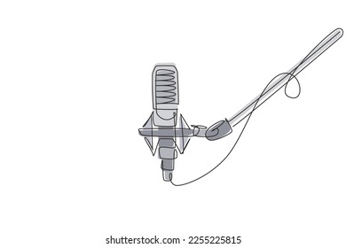 Micrófono continuo de dibujo de una línea aislado con ruta de recorte. Micrófono condensador para voz de grabación de estudio. Concepto de equipo de grabación de sonido. ilustración vectorial de diseño de línea única