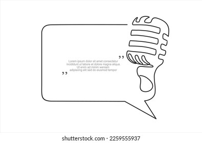 Continuous one line drawing of microphone and speech bubble. Trendy line art vector on a white background. Vector illustration.