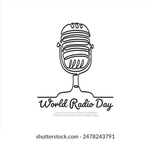 Continuous one line drawing of microphone. World radio day concept. Continuous line draw design graphic vector illustration.