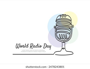 Continuous one line drawing of microphone. World radio day concept. Continuous line draw design graphic vector illustration.