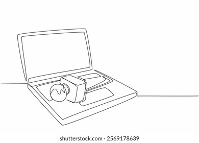 Continuous one line drawing microphone above laptop keyboard. Independent reporting. Distributed via social media. Random source. National Public Radio Day. Single line draw design vector illustration