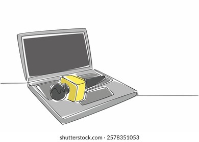 Continuous one line drawing microphone above laptop keyboard. Independent reporting. Distributed via social media. Random source. National Public Radio Day. Single line draw design vector illustration