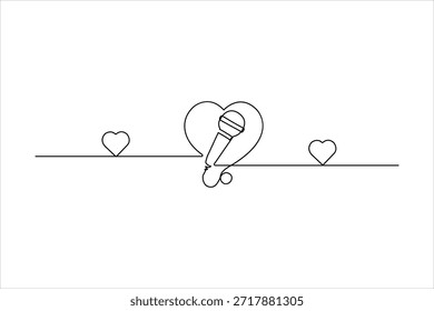 Dibujo continuo de una línea de un micrófono combinado con una forma de corazón. Diseño artístico minimalista para cantar, podcast y amor por la música.
