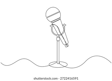 Desenho contínuo de uma linha de um microfone em um suporte para cantar