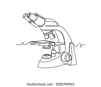 Continuous one line drawing of microscope icon in silhouette on a white background. Linear stylized.