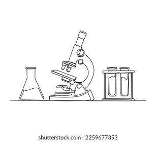 Dibujo continuo de una línea de microscopio y tubo de prueba de laboratorio. Ilustración simple de la ilustración vectorial de la línea de equipos de laboratorio.