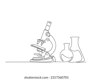 Continuous one line drawing of microscope and laboratory test tube. Microscope line art vector illustration. Research and science concept. Editable stroke.	